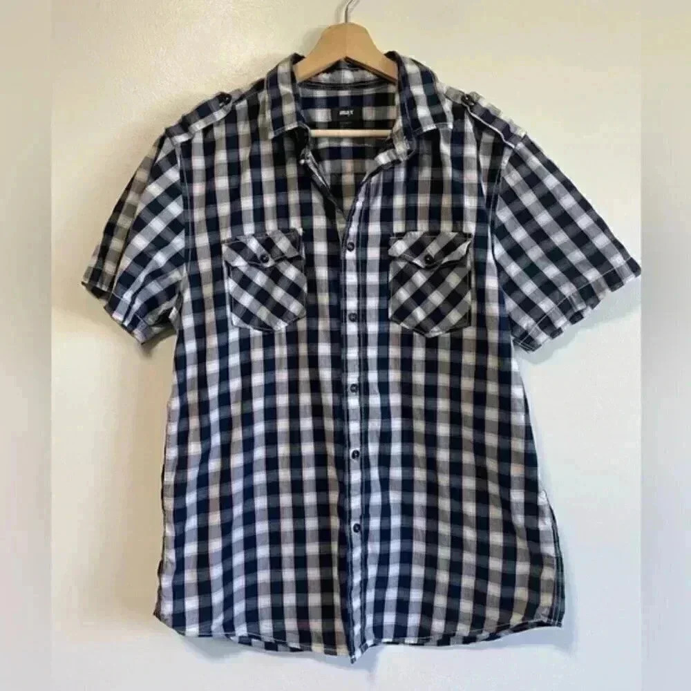 Max Blue & White Short Sleeve Plaid Button Up Shirt